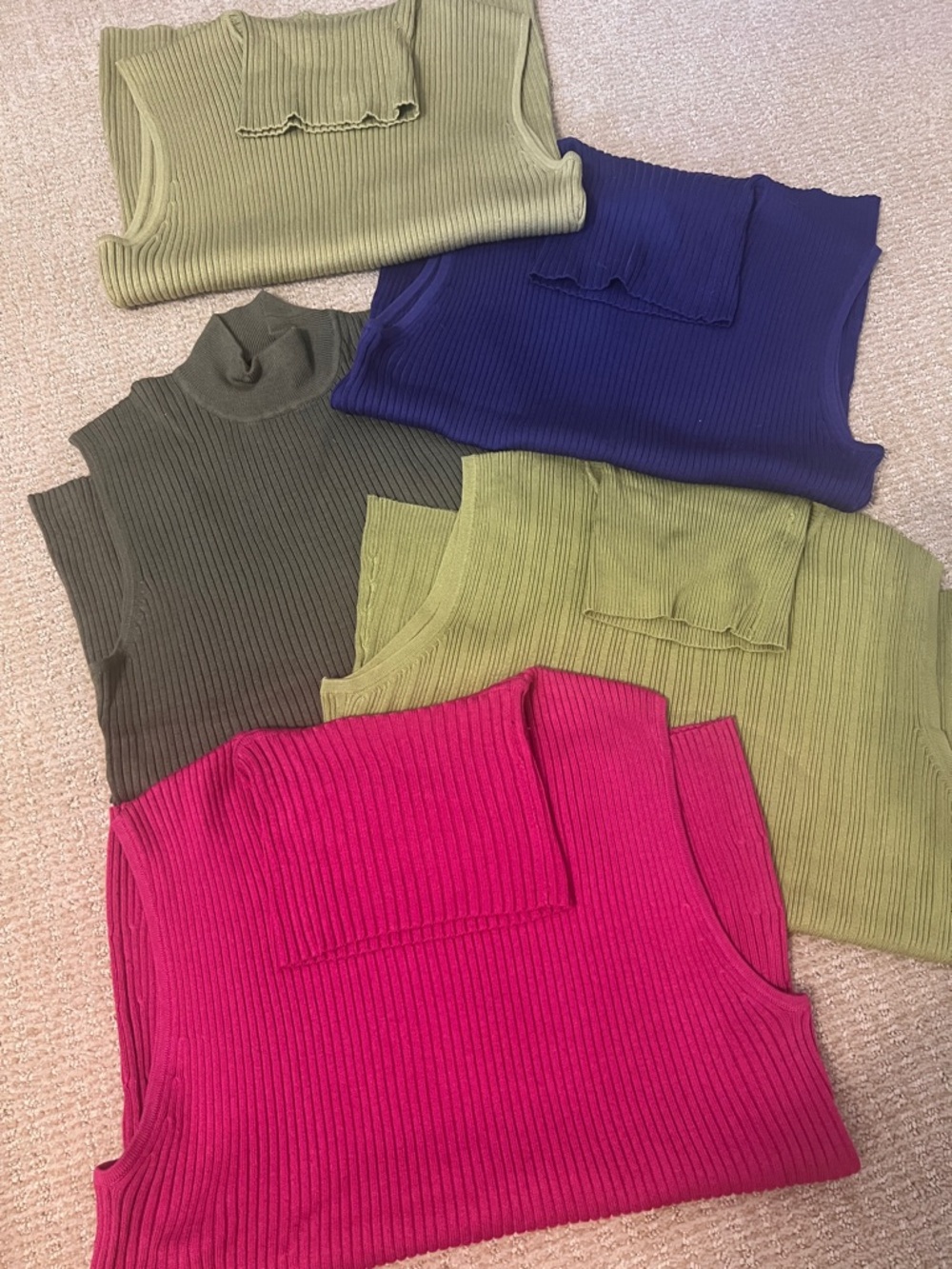 Ribbed Sleeveless Knit Top Turtlenecks - Bright Pink, Olive, Navy & Lime Options
